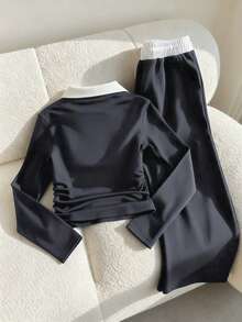 Bộ đồ thường ngày cho bé gái tuổi teen, in họa tiết hiệp sĩ màu tương phản, cổ bèo nhún, tay dài và quần ống rộng - Màu xám đen - Xem 2