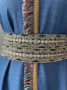 Yasmyna Women's Elegant Arabic Style Patchwork Ribbon & Tassel Trim Dress