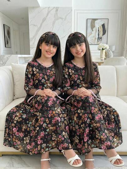 Jalabiya Floral Print Long Sleeve Dress For Girls, Spring/Summer, Mesh Patchwork Flare Sleeve, V-Neck Tie Waist Robe, Loose Casual Dress Teen Girls Elegant Long Sleeve Floral Dress Girls Matching Long Sleeve Dresses Long Sleeve Floral Maxi Dress For Girls Little Girl Floral Long Sleeve Dress