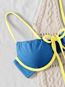 SHEIN Conjunto de bikini de verano para mujer con parte superior y Bottom de colores contrastantes, con nudo delantero, conjunto de traje de baño sexy de dos piezas para la playa, conjunto de traje de baño de vacaciones con textura - Multicolor - Ver 5