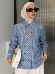 DAZY Women's Casual Striped Double-Breasted Lapel Shirt, Autumn/Winter - Blue - View 3
