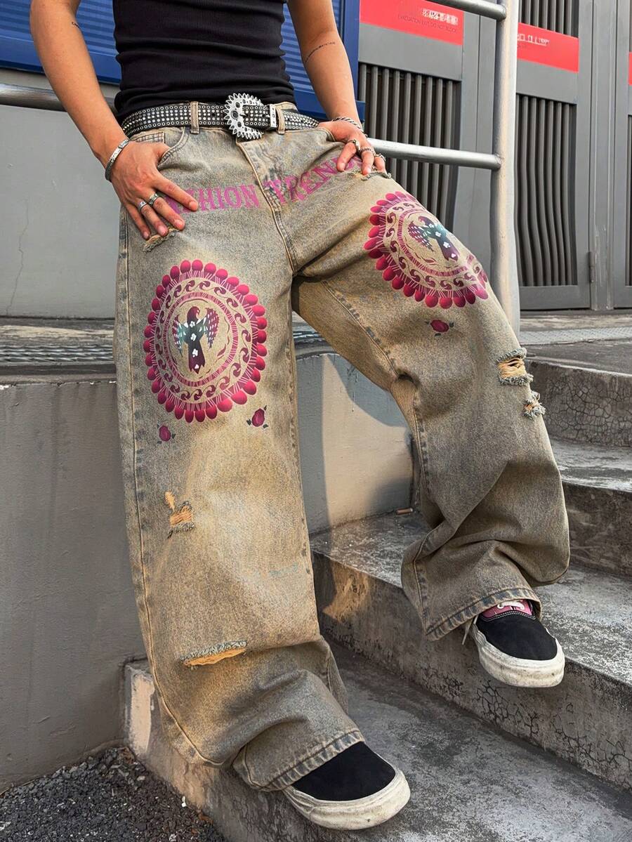 Manfinity EMRG Quần jeans nam phong cách đường phố cổ điển, dáng rộng, ống thẳng, in chữ graffiti và họa tiết rách. - Màu xanh lam - Xem 1