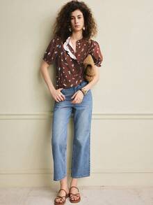 Écloséra Women's Elegant Shirt Commuting Shirt Versatile Shirt French Shirt Printed Pattern Shirt Ruffled Shirt Asymmetrical Shirt Short-Sleeved Shirt - Rust Brown - View 3