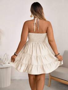 Ceyna Plus Size Boho Halter Neck Ruffle Hem Apricot Cami Dress Vacation Outfit - Apricot - View 2