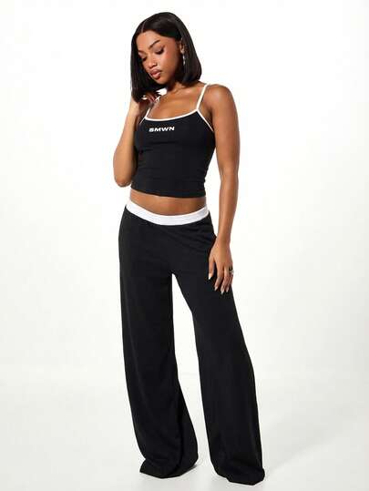 SUMWON WOMEN Women Black Lounge Set With White Contrast Trim Cami Top And Wide Leg Pants Logo Comfortable Relaxed Fit