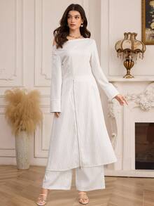 Modelyn Women's Striped Off-Shoulder Long Sleeve Zip-Up Top And High Waist Wide Leg Pants 2-Piece Set, Commuting & Casual Wear - White - View 3