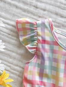 Vintaside Kids 女童优雅印花圆领荷叶袖露背蝴蝶结装饰腰部荷叶边下摆休闲时尚连衣裙，适合度假旅行，夏季穿着 - 粉色 - 查看 8