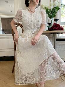 DAZY Elegant High-End Lace Dress With Tie Cinched Waist Embroidered Dress, Soft Korean Style Charming Youthful Dress Wedding Guest Dress Summer Sundress - Ivory White - View 5