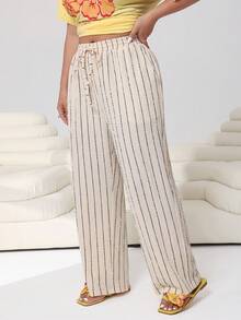 Solflare Plus Size Casual Striped Drawstring Waist Pants - Cream - View 6