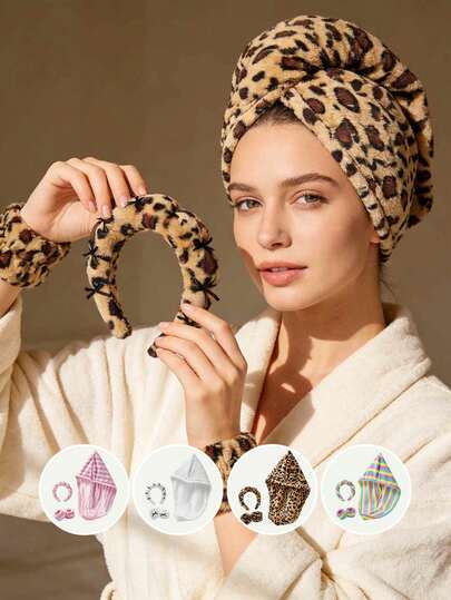 3pcs Set: Absorbent Hair Drying Cap + Headband + Wristband, Soft Household Textile Hair Drying Cap, Suitable For Home Use