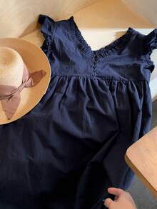 FRIFUL 女士纯色前扣无袖褶皱休闲连衣裙夏季吊带裙 - 藏蓝色 - 查看 3