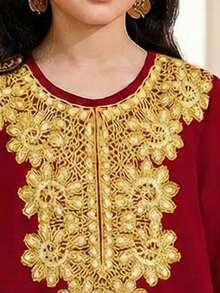 Tween Girls Cute, Elegant, Vintage Distinctive Burgundy Dress With Golden Lace Print, Suitable For Spring/Summer, Festive Occasions - Multicolor - View 7