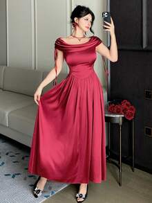 DAZY Đầm dài ngang gối thanh lịch màu trơn dành cho nữ, cổ xếp ly, thắt eo, thích hợp làm đầm dự tiệc cưới mùa hè. - Màu Đỏ Sâu - Xem 8