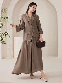 Veilorie Women's Fashion Asymmetrical Design Blazer & Skirt Set - Khaki - View 1
