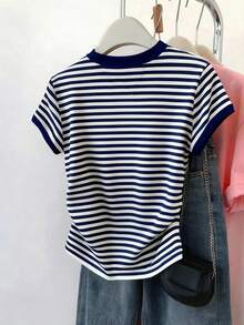 少女休闲条纹圆领短袖T恤，夏季 - 彩色 - 查看 2