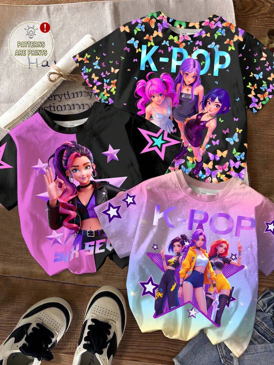 SHEIN Bộ 3 áo thun nữ phong cách thường ngày, đường phố, in hình hoạt hình dễ thương, họa tiết ban nhạc nữ, màu nhuộm ombre pastel, phối đen và tím, cổ tròn, tay ngắn, thích hợp cho mùa xuân/hè. - Nhiều màu - Xem 1