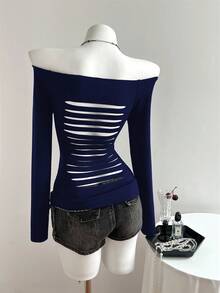 Elamini Áo thun nữ dài tay ôm sát, hở vai, cắt laser, kiểu dáng thường ngày, phù hợp cho mọi mùa. - Màu xanh hải quân - Xem 3