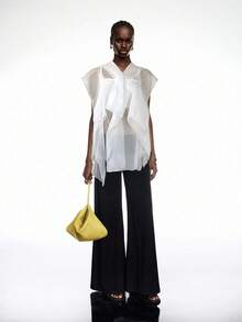 SHEIN EZwear 大尺碼女款白色網紗拼接荷葉領前扣襯衫，夏季優雅波希米亞風透視上衣，透明派對襯衫 - 白色 - 查看 6