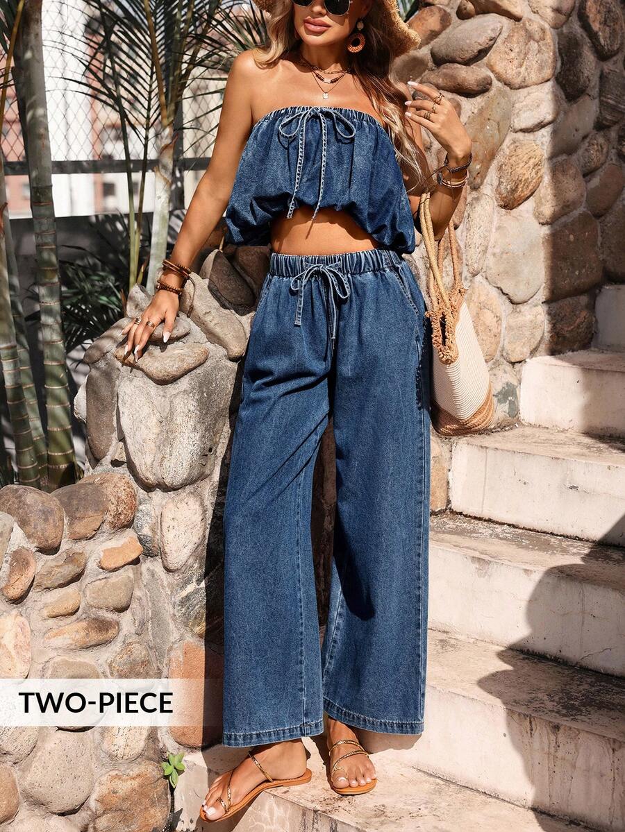 Breezaya New Sexy Loose Straight Elastic Waist Drawstring Women Jeans Pants, Drawstring Ruched Denim Tube Top Summer  Vacation