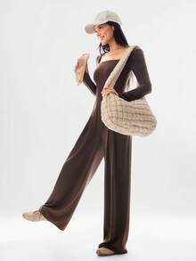 GLOWMODE FeatherFit™-Air Sunproof Work And Flow Square Neck Open U-Back Wide Leg Long Sleeve Bodysuit With Thumbholes Daily Casual Wear Removable Cups - Brown - View 7