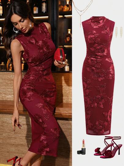 Ellevyn Women's Elegant Jacquard Funnel Neck Fitted Dress, Summer  Spring Outfit Women  Summer Dresses For Women  Valentines Day Dress Valentine Clothes Wedding Party Dress  Valentine's Day Outfit Summer Outfits For Women Valentine's Day Carnival Costume Women Suitable For Spring/Summer Carnival