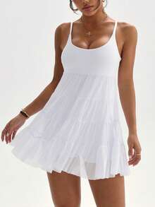 Dewbera 女士无袖运动连衣裙，配有可拆卸衬垫胸罩、网纱裙摆和带口袋的短裤内衬，适合休闲穿着、跑步、瑜伽、健身、网球、高尔夫、春夏穿着。 - 白色 - 查看 4