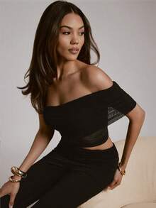 Hauture Top con hombros de malla elástica y plisados, sexy - Negro - Ver 1