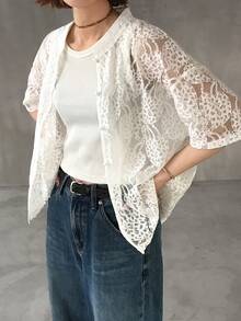 FRIFUL Blusa suelta de moda con encaje y hombros caídos para mujer - Blanco - Ver 4