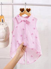 SHEIN Playful Pals 女童粉色条纹无袖不对称衬衫，后背饰有蝴蝶结，适合上学、休闲和各种外出场合。 - 粉色 - 查看 2
