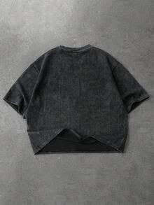 PAVTROS 1pc Men's Short Sleeve Tee, Textured Jacquard Fabric, Washed & Distressed Finish, Cotton Tee, Cropped Boxy Fit, Suitable For Sports, Casual, Commute, Vacation, Back To School, Great Gift For Boyfriend/Husband, Unisex Streetwear Top Loose Cropped Tee Men - Black - View 7