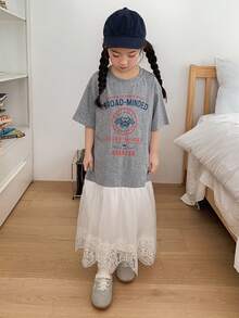 DAZY Young Girl' Round Neck Korean Style Short Sleeve Lace Patchwork Cartoon Print Short Sleeve Dress - Grey - View 2