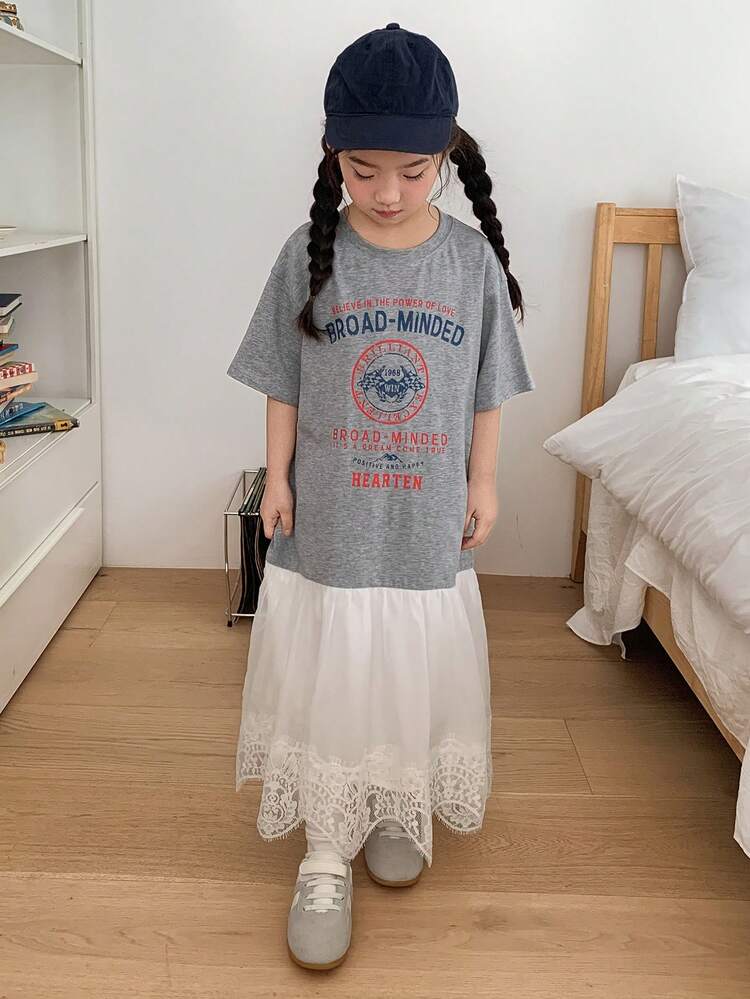 Young Girl' Round Neck Korean Style Short Sleeve Lace Patchwork Cartoon Print Short Sleeve Dress