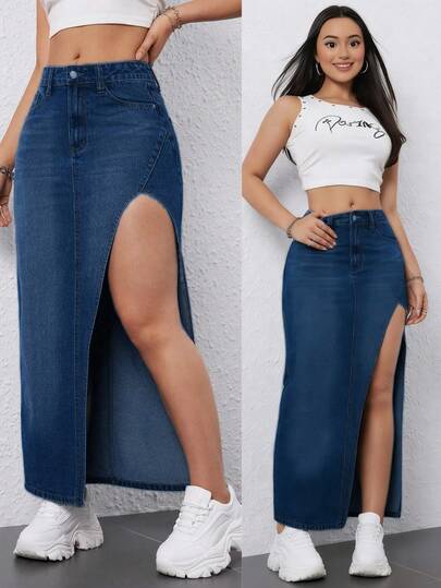 Falda vaquera con bolsillo y abertura asimétrica para mujer,sexy, adecuada para boda, cita, Navidad, San Valentín, vuelta al colegio, ropa de mujer para otoño/invierno