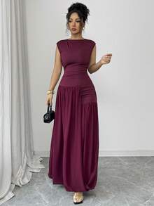 Selianne Robe longue plissée en mousseline de soie avec col Mao, manches larges et taille élastique en tricot pour femmes, rouge angora, élégante et sophistiquée, style romantique français rétro, convient pour le travail, les affaires, la plage, les occasions décontractées, simple et polyvalente, adaptée pour le mariage, la Saint-Valentin, le thé de l'après-midi, les fêtes, nouvelle arrivée pour le printemps/été - Bordeaux - Voir 5
