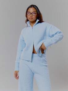 MUSERA Fluffy Knit Back Graphic Slogan Full Zip High Neck Jumper Top Spring, Girly, Day Outfits, Cute, Casual Sweet Pea - Baby Blue - View 5