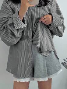 DAZY 女式翻领宽松条纹设计百搭衬衫，蓝色，春夏秋季学院风上衣，秋季女装长袖上衣 - 黑色 - 查看 3