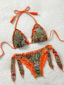 Soleia Bộ bikini đi biển cổ điển nhiều màu sắc với họa tiết da báo, ngựa vằn, hoa lá, kiểu dáng bèo nhún, buộc dây phía trước và tua rua trang trí dành cho nữ. - Màu Cam cháy - Xem 6