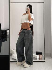 SHEIN HypeZone Quần jeans ống loe cạp thấp dáng suông thêu hình ngôi sao năm cánh dành cho nữ - Xám - Xem 6