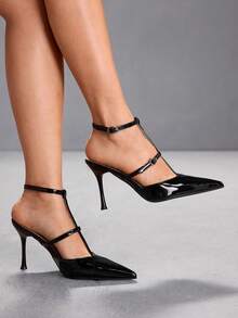 CUCCOO SZL Tacones altos de diseño con hebilla de punta fina para mujer, versátiles para uso diario - Negro - Ver 1