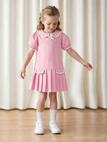 Elladie kids Young Girls Dress, Collegiate Style, Versatile, Petite Collar Design In Pink & White, Classic & Elegant, Ribbon & Bow Decor For Cute & Playful Look, Pleated Hem, Suitable For School, Events, And Everyday Wear - Pink - View 1