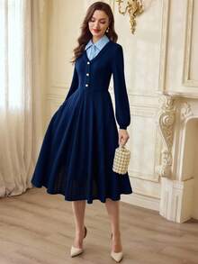 Vintamour 复古优雅女士连衣裙，带口袋，二合一针织提花纹理撞色条纹衬衫纽扣休闲工作度假连衣裙夏季连衣裙长款夏季连衣裙女士夏季服装女士夏季服装春季服装女士春假服装情人节女士情人节服装情人节连衣裙情人节服装情人节服装优雅女士连衣裙女士优雅连衣裙女士生日连衣裙 - 藍色 - 查看 5