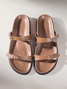 Solecia Women's Buckle Design Casual Everyday Wear Sandals - Brown - View 1