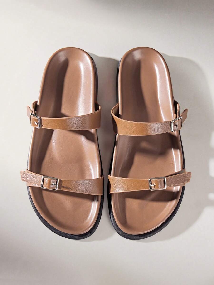 Solecia Women's Buckle Design Casual Everyday Wear Sandals - Brown - View 1