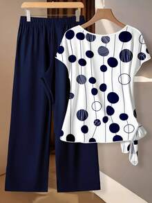 EMERY ROSE Conjunto de 2 piezas casual de blusa con lazo y pantalón de pierna recta para mujer - Multicolor - Ver 2