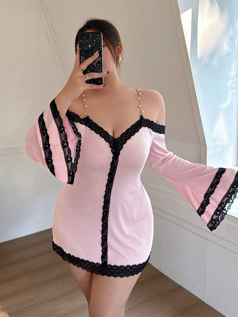 SHEIN Napfluff CURVE Áo ngủ gợi cảm cổ chữ V tay dài trễ vai phối ren dành cho nữ cỡ lớn. - Hồng - Xem 1