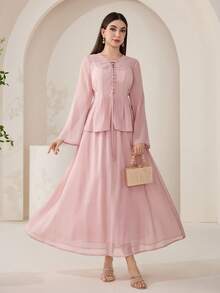 Veilorie 女士纯色长袖单排扣衬衫和中长裙优雅两件套 - 粉色 - 查看 8