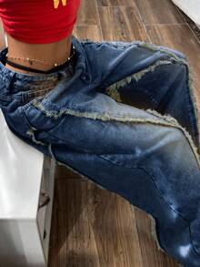 SHEIN EZwear 大码女式复古水洗牛仔裤，秋冬款 - 深色水洗藍 - 查看 6