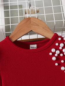 Young Girl Red Casual Daily Round Neck Gigot Sleeve Beaded Snug Fit T-Shirt - Red - View 3