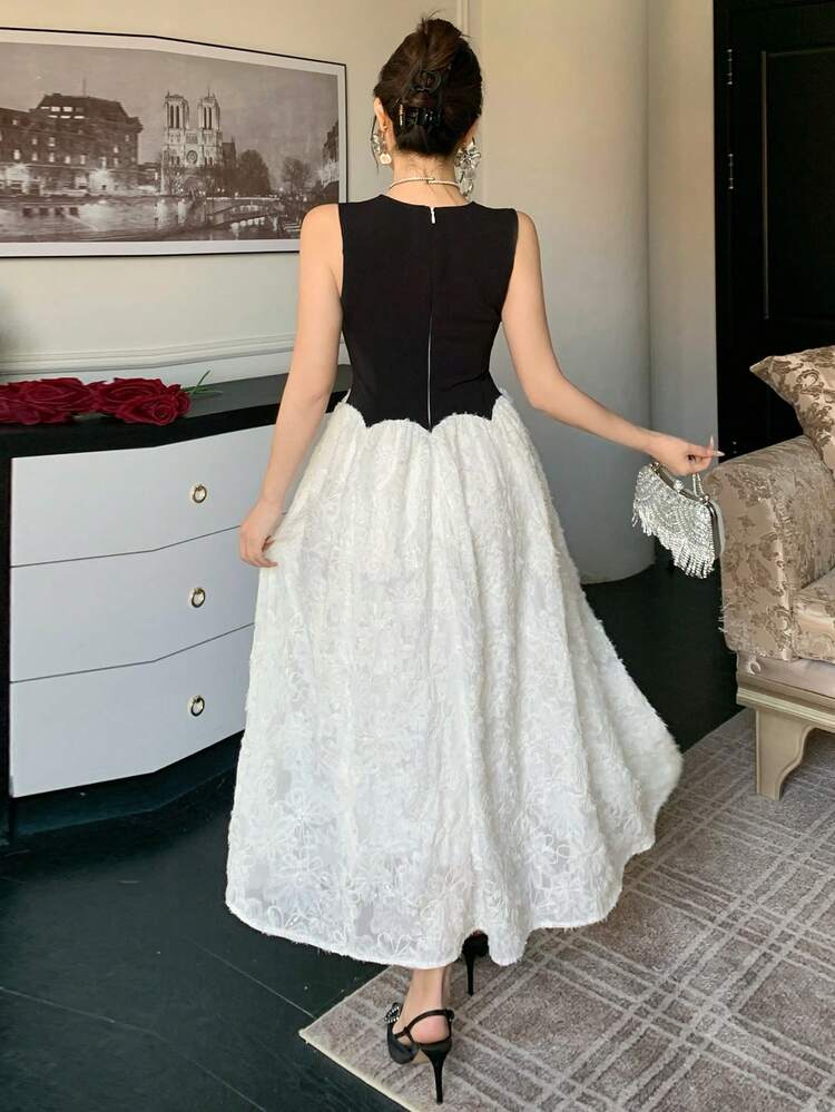 Women's Elegant Colorblock Round Neck Sleeveless Mid-Length Dress, Summer Wedding Guest Dress Sundress Cocktail Dress