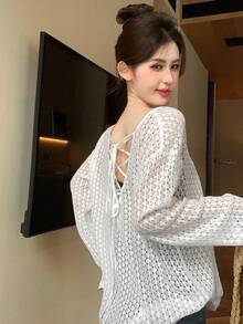 DAZY 女士纯色交叉露背宽松落肩镂空T恤 - 白色 - 查看 5